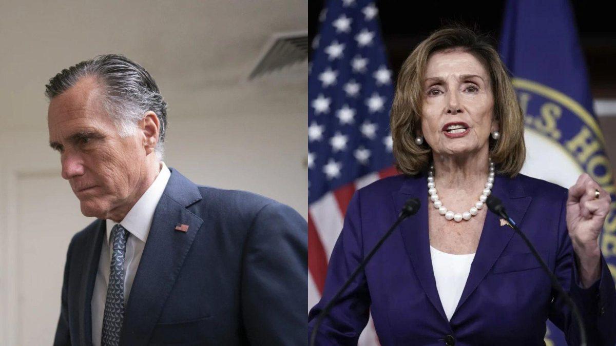 Left:Mitt Romney, R-Utah, heads to a vote on Ukraine, at the Capitol in Washington, March 16, 2022.Right:Nancy Pelosi, D-Calif., speaks at a news conference at the capitol in Washington, July 29, 2022