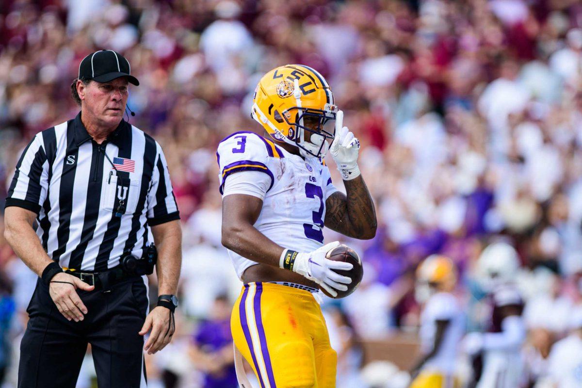 LSU football junior running back Logan Diggs (3) points up on Saturday, Sept. 16, 2023, during LSU's 41-14 win over Mississippi State in Davis Wade Stadium in Starkville, MS.