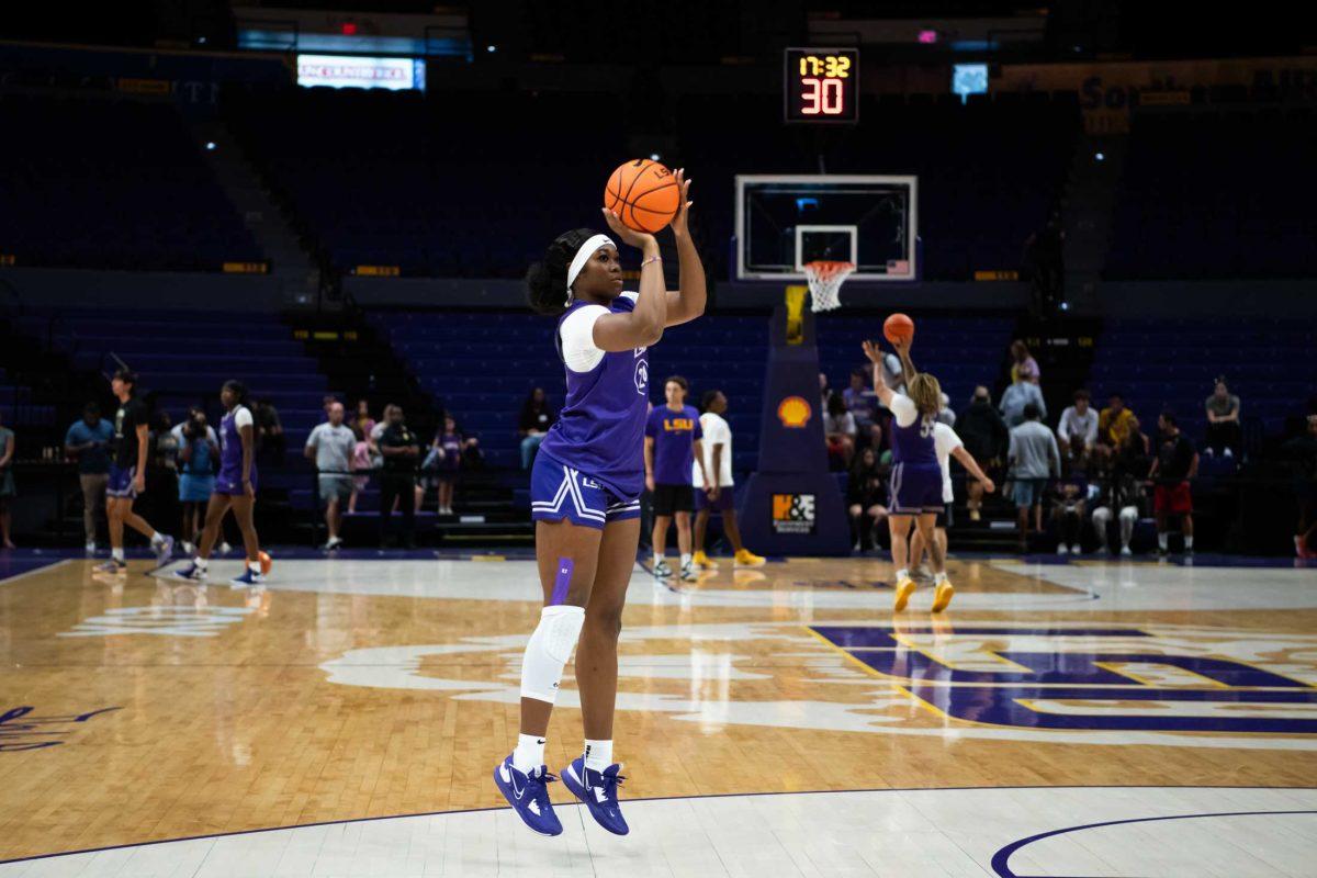 LSU women&#8217;s basketball junior guard Aneesah Morrow (24) shoots the ball on Monday, Sept. 25, 2023, at the women&#8217;s basketball open practice in the Pete Maravich Assembly Center in Baton Rouge, La.