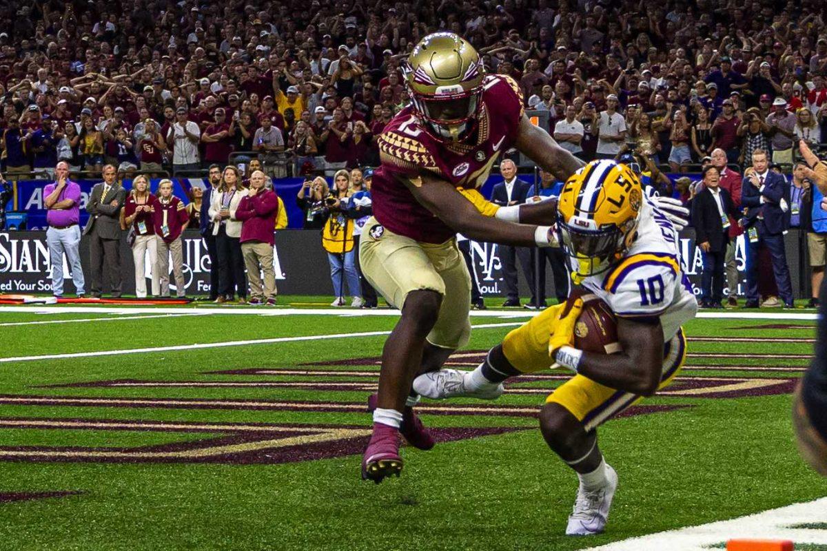 LSU football senior wide receiver Jaray Jenkins (10) catches a touchdown ball Sunday, Sept. 4, 2022, during LSU's Allstate Kickoff game defeat to Florida State 23-24 in the Caesars Superdome, New Orleans, La.