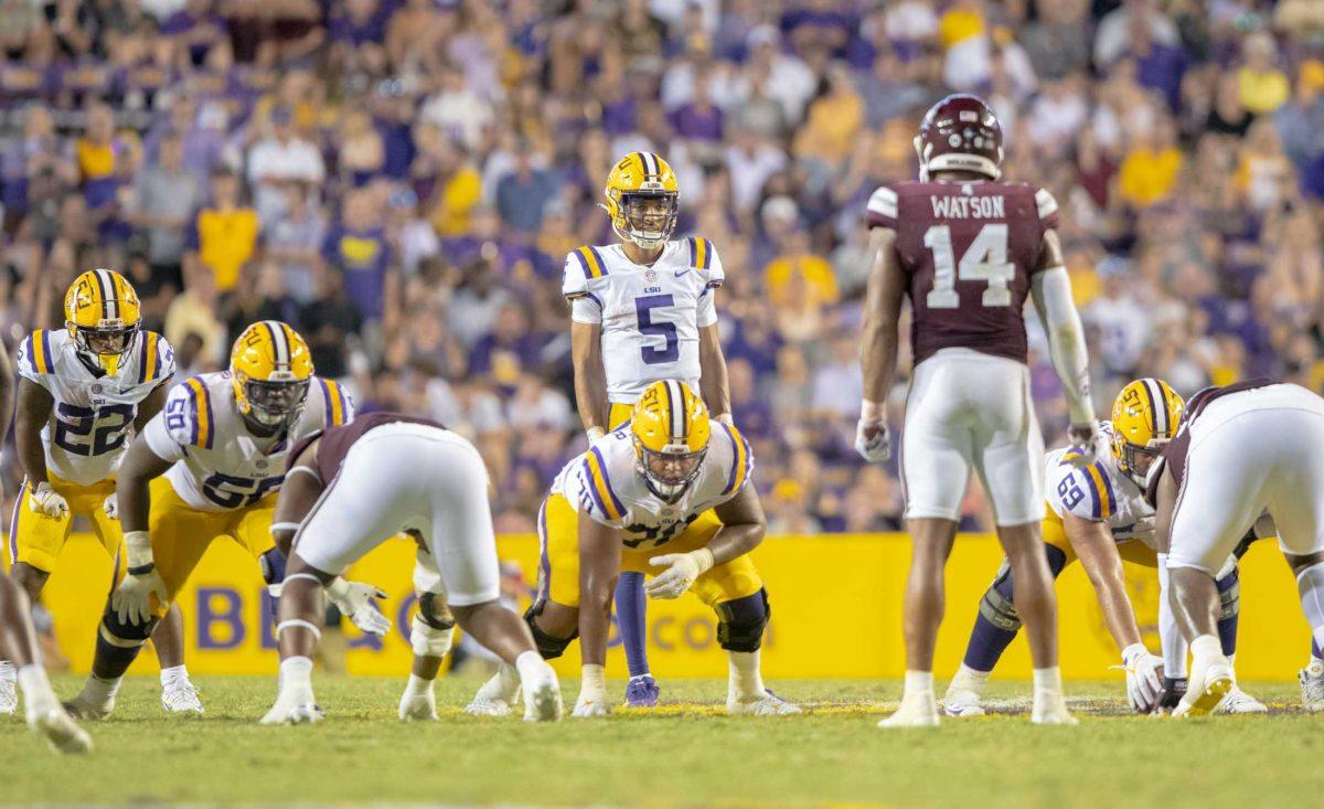 The LSU football offensive line gets into position on Saturday, Sept. 17, 2022, during LSU's 31-16 win against Mississippi State in Tiger Stadium in Baton Rouge, La.