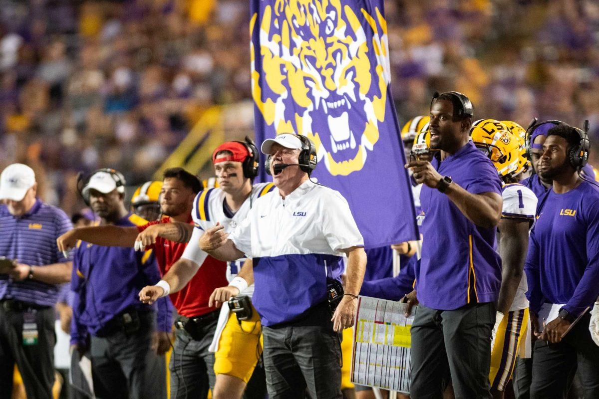 LSU football head coach Brian Kelly yells from the sideline on Saturday, Sept. 9, 2023, during LSU&#8217;s 72-10 win over Grambling State at Tiger Stadium in Baton Rouge, La.