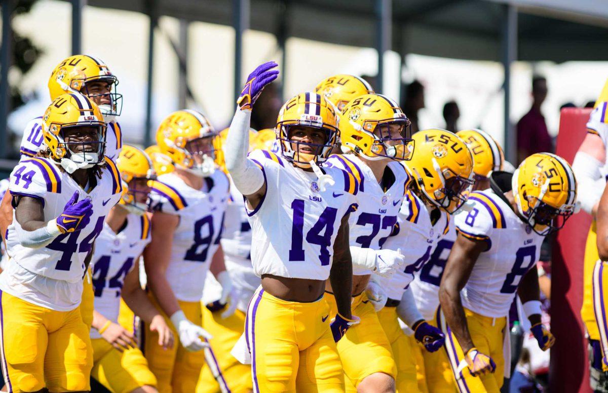 LSU football graduate student safety Andre&#8217; Sam (14) looks to the crowd on Saturday, Sept. 16, 2023, during LSU's 41-14 win over Mississippi State in Davis Wade Stadium in Starkville, MS.