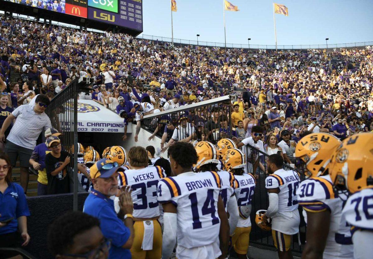 The LSU football team runs into the tunnel on Saturday, Sept. 9, 2023, before LSU's 72-10 win against Grambling State at Tiger Stadium in Baton Rouge, La.