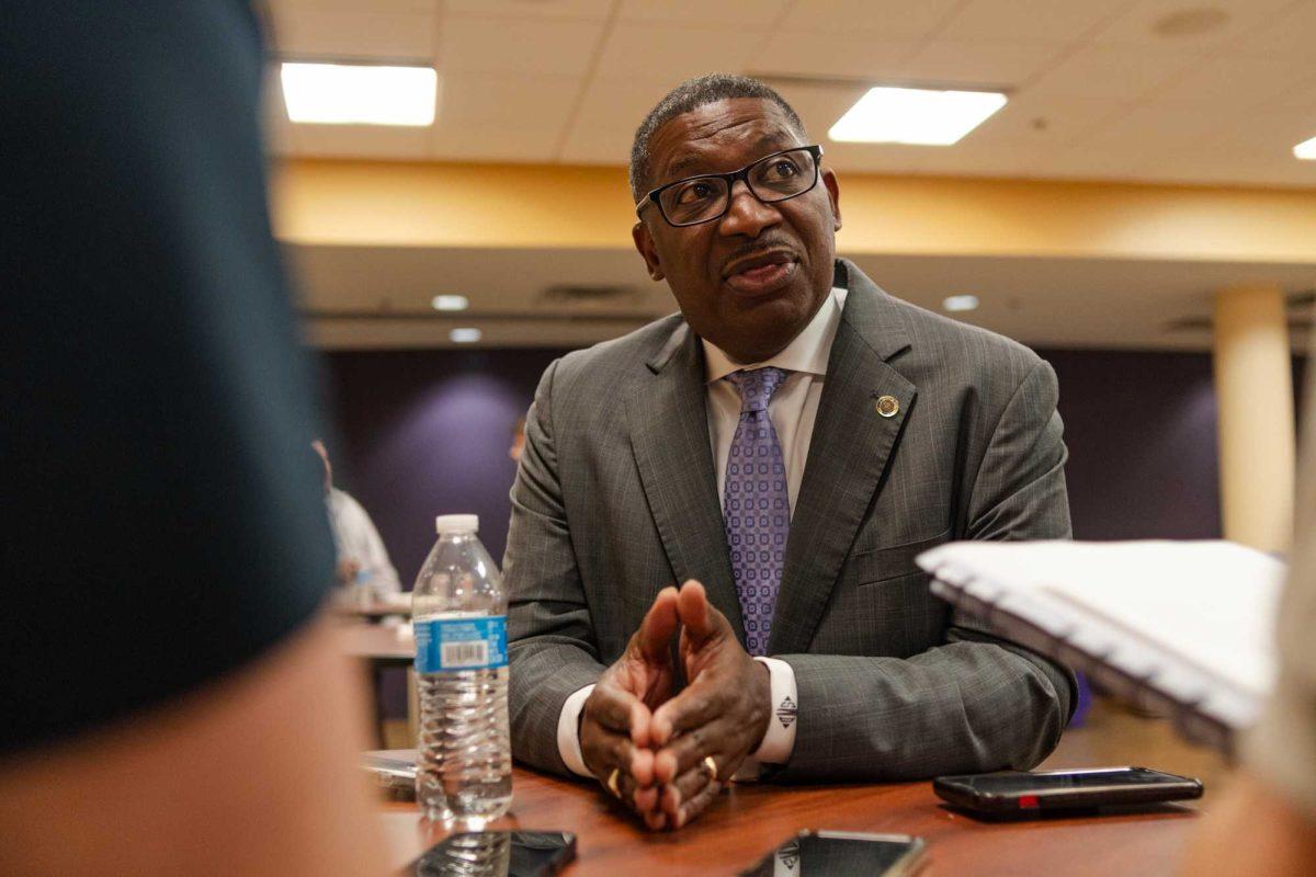 Former State Transportation Secretary Shawn Wilson lays out his thoughts on higher education issues on Wednesday, Sept. 13, 2023, at the Union Theater on LSU's campus in Baton Rouge, La.