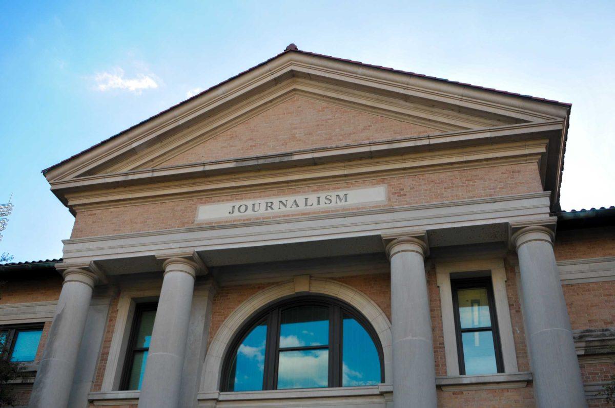 Clouds reflect off of the window on Wednesday, Sept. 6, 2023, in front of the Journalism Building on Field House Drive in Baton Rouge, La.