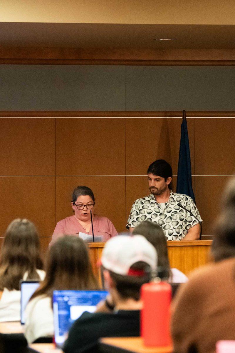 Graduate student Sens. Alicia Cerquone and Cullen Hodges&#160;speak during a Student Senate meeting on Wednesday, Sept. 27, 2023, in the LSU Student Union on Highland Road in Baton Rouge, La.