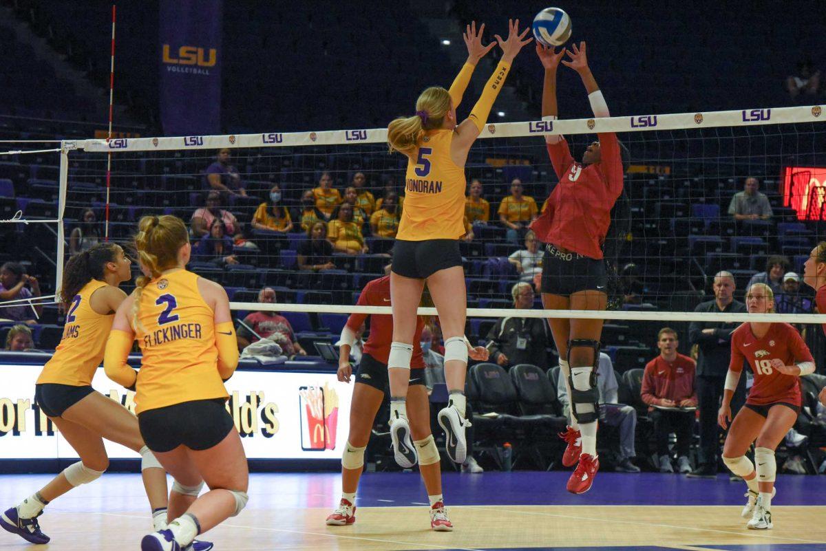 LSU graduate Josie Vondran defends the ball on Wednesday, Sept. 21, 2022, during LSU&#8217;s 3-2 win over Arkansas at the Pete Maravich Assembly Center in Baton Rouge, La.