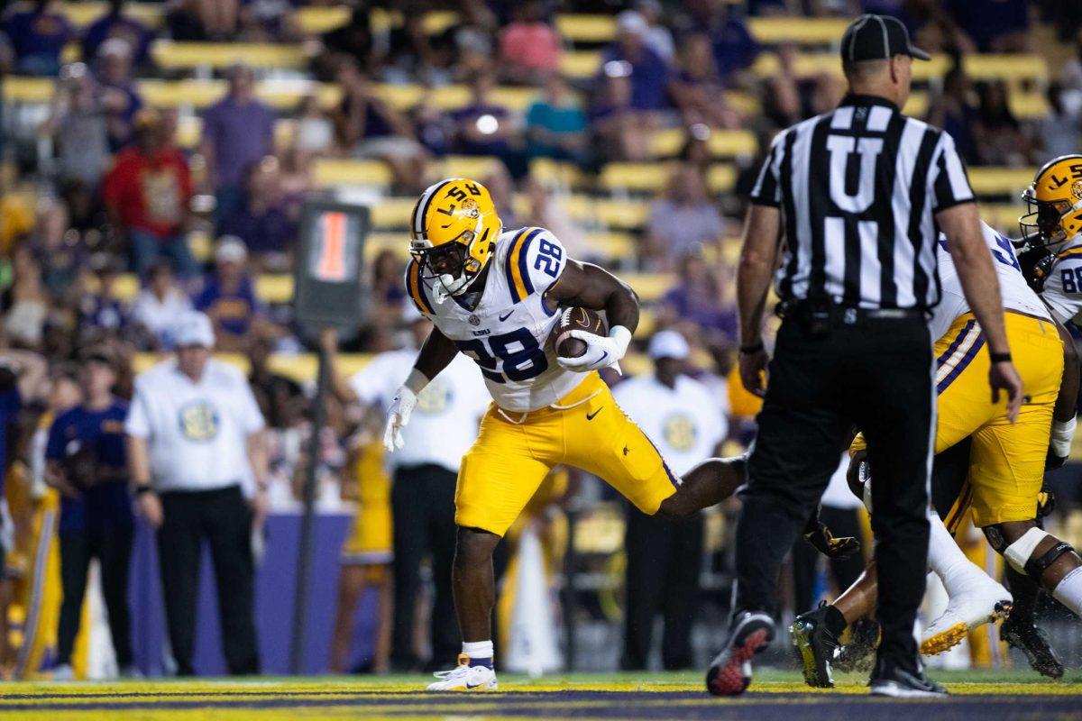 LSU football freshman running back Kaleb Jackson (28) scores a touchdown on Saturday, Sept. 9, 2023, during LSU&#8217;s 72-10 win over Grambling State at Tiger Stadium in Baton Rouge, La.