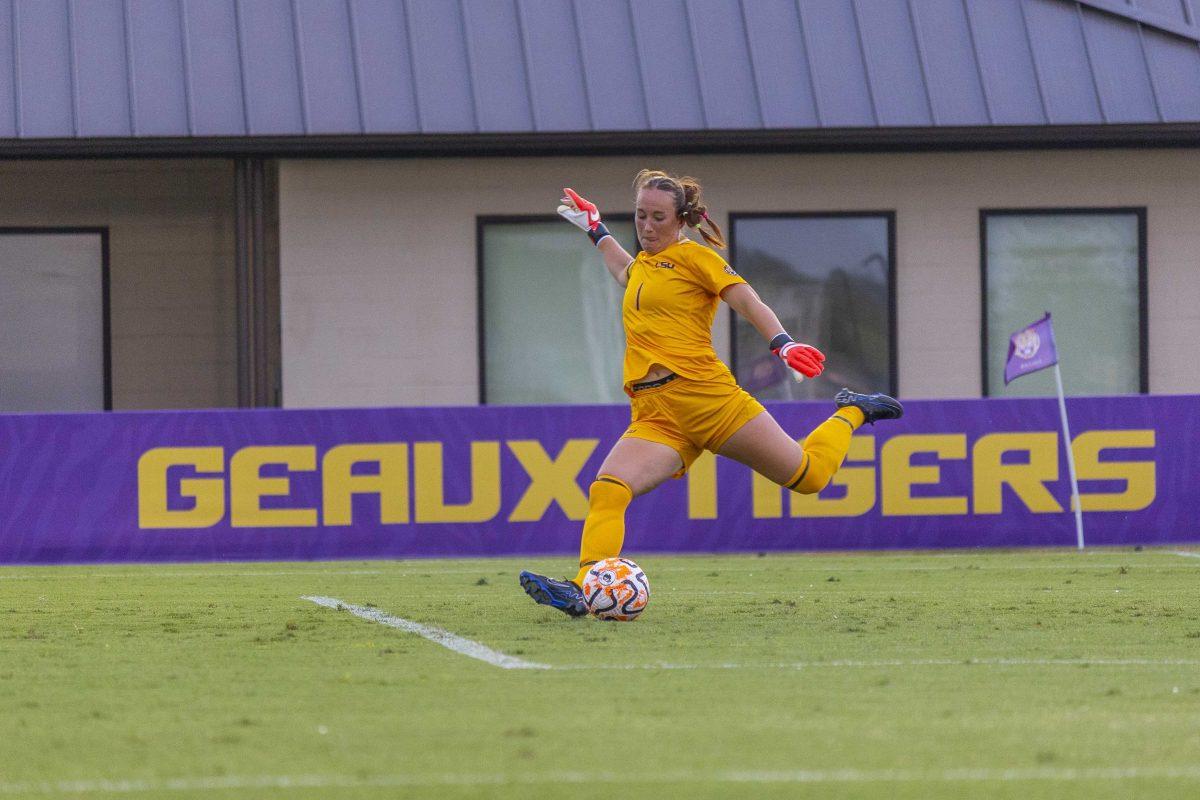 LSU soccer graduate student goalkeeper Mollee Swift (1) kicks a goal kick Thursday, Sept. 7, 2023, during LSU's 2-2 draw to Pepperdine at the LSU Soccer Stadium on LSU's campus.