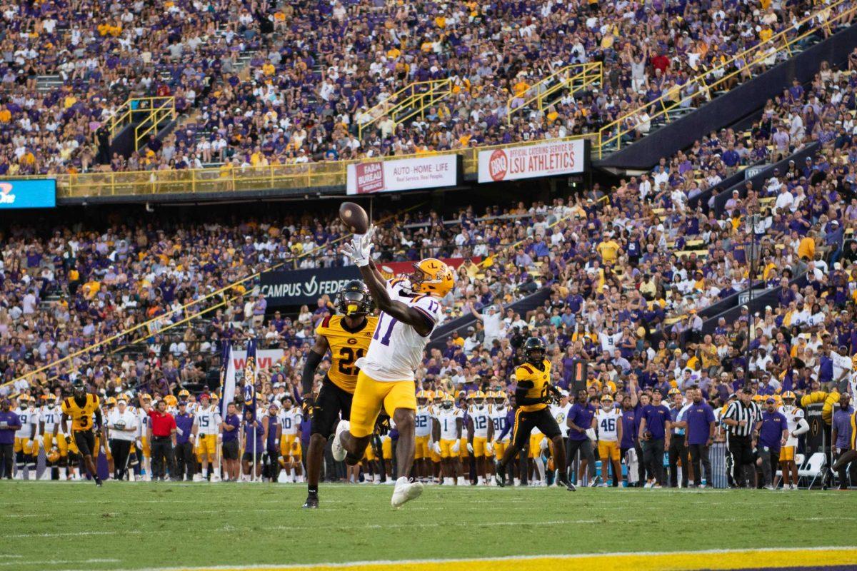 LSU football sophomore wide receiver Chris Hilton Jr. (17) catches the ball for a touchdown on Saturday, Sept. 9, 2023, during LSU&#8217;s 72-10 win over Grambling State at Tiger Stadium in Baton Rouge, La.