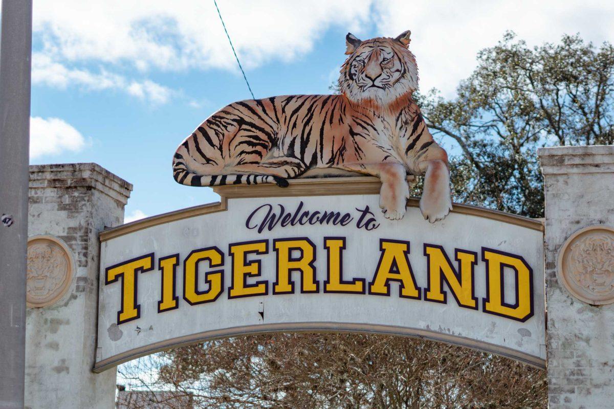 A sign reads &#8220;Welcome to Tigerland&#8221; on Wednesday, Jan. 25, 2023, on Bob Pettit Blvd. in Baton Rouge, La.