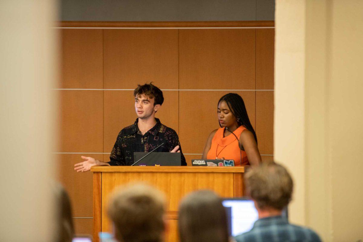 Student Government senators speak to their peers about their bill on Wednesday, Sept. 20, 2023, in the Student Union in Baton Rouge, La.