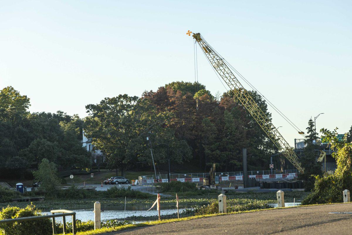 Construction equipment sits on the LSU Lakes Monday Oct. 16, 2023, on East Lakeshore Drive.