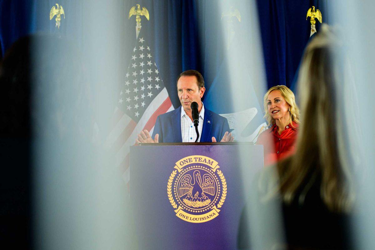 Louisiana governor elect Jeff Landry answers questions on Wednesday, Oct. 25, 2023, during a press conference in Lafayette, La.