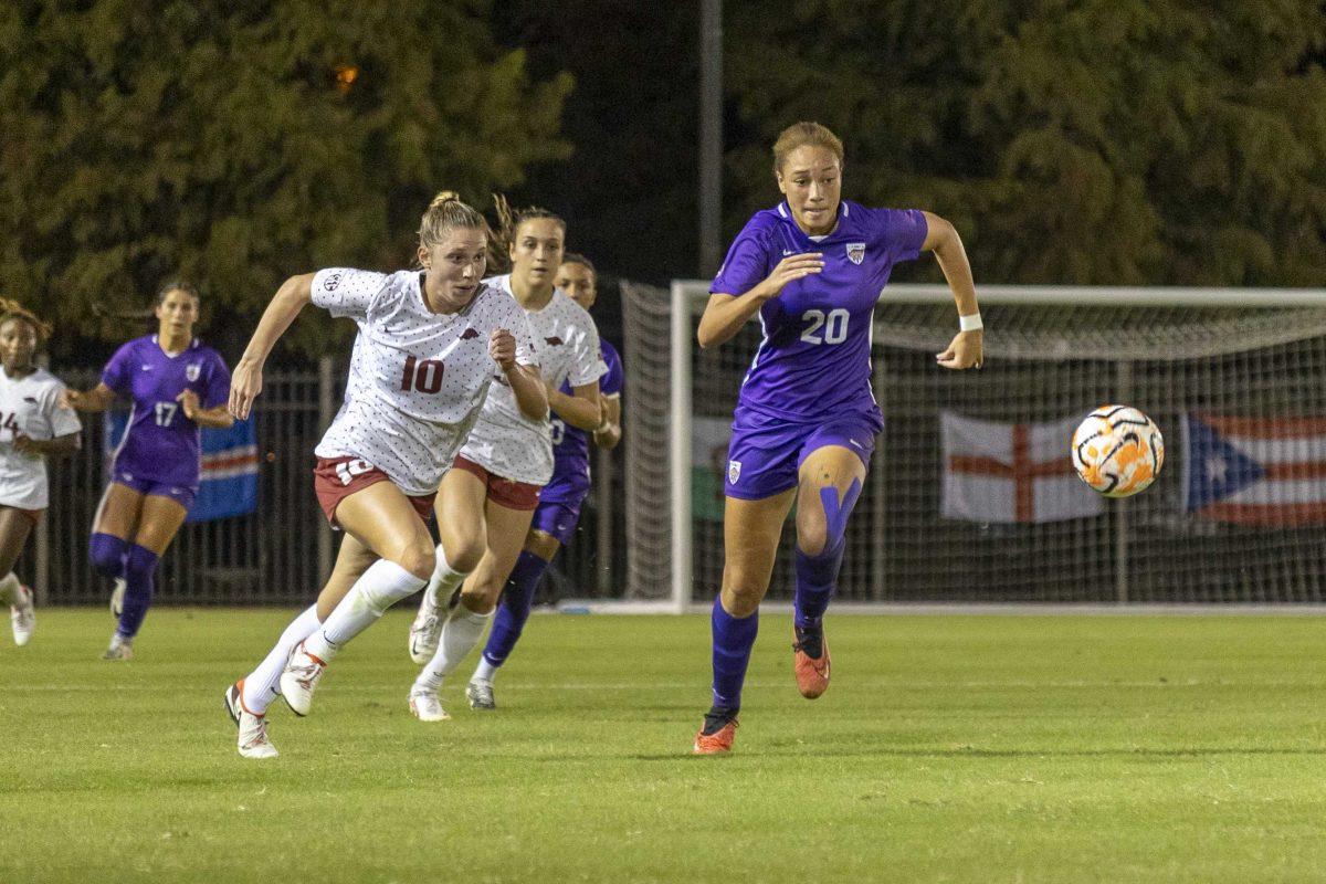 <p>LSU soccer freshman forward/ midfielder Ava Galligan (20) chases after the ball Thursday, Oct. 19, 2023, during LSU's 1-1 draw against Arkansas at the LSU Soccer Stadium.</p>