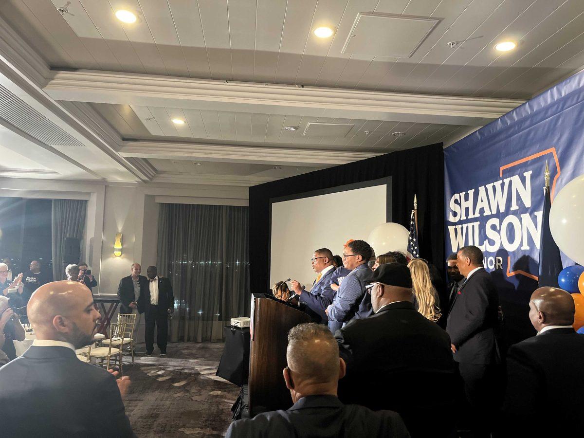 Shawn Wilson addresses supporters in New Orleans after conceding the governor's race to Jeff Landry on Saturday, Oct. 14, 2023.