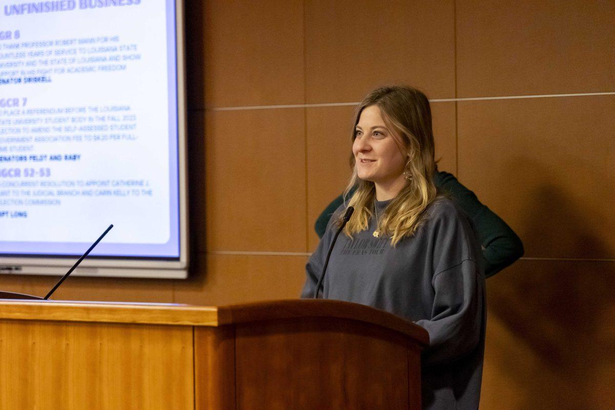 LSU Student Government president Anna Catherine Strong speaks Wednesday, Oct. 18, 2023, during a senate meeting in the Capital Chambers room in the LSU Student Union.