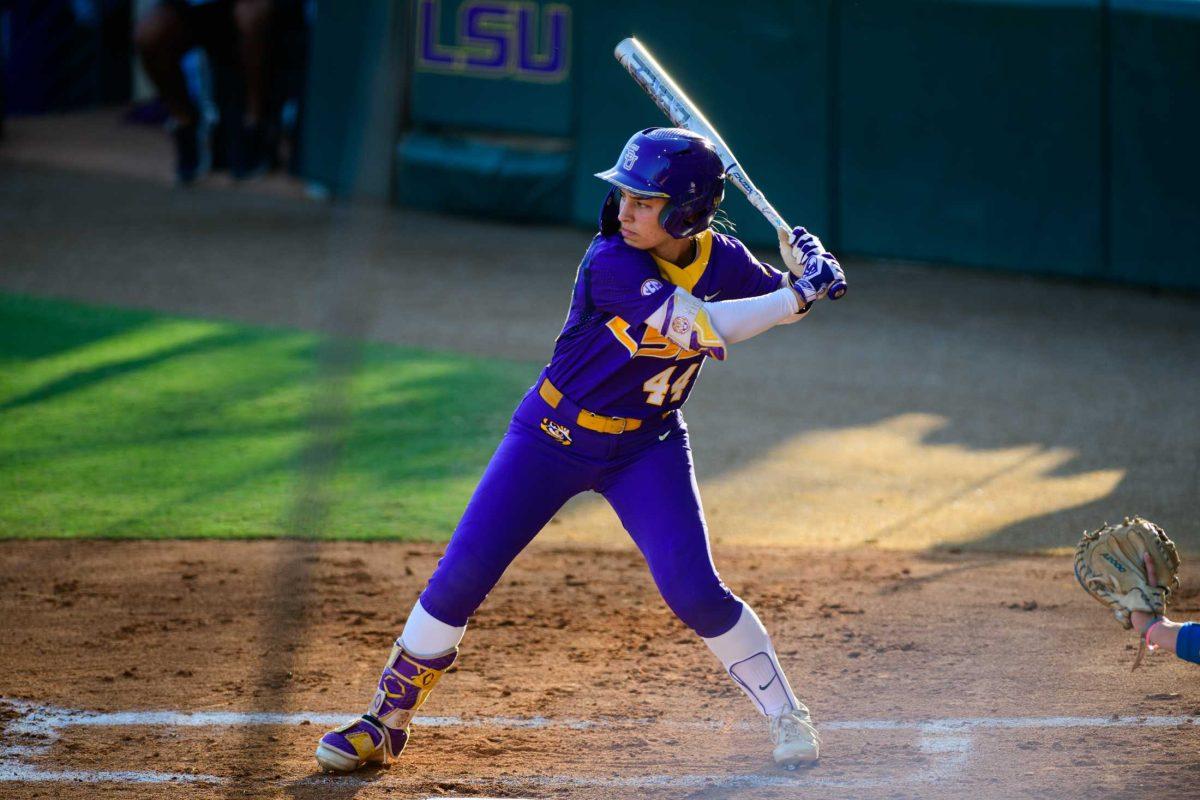 LSU softball senior outfield/catcher Ali Newland (44) steps up to bat on Friday, Oct. 20, 2023, during LSU's exhibition game against Co-Lin CC in Tiger Park in Baton Rouge, La.