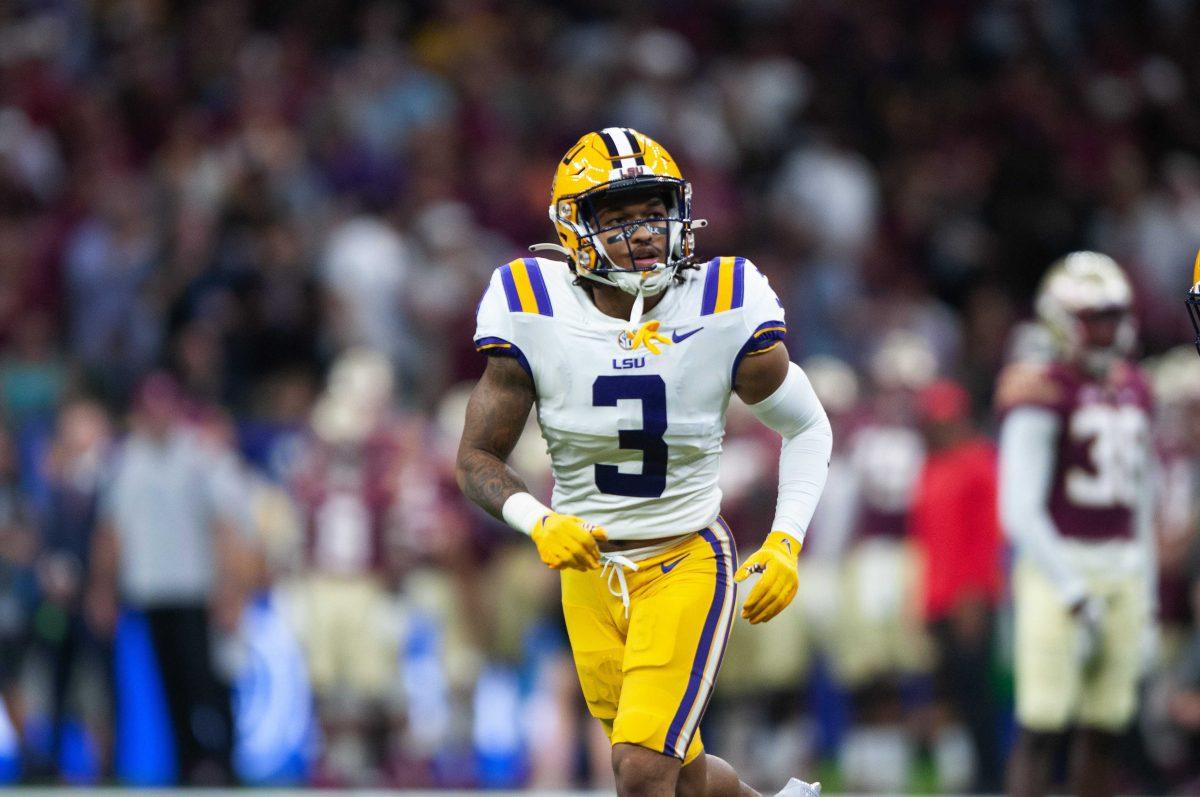 LSU football senior safety Greg Brooks Jr. (3) gets into position Sunday, Sept. 4, 2022, during LSU's Allstate Kickoff game defeat to Florida State 23-24 in the Caesars Superdome, New Orleans, La.