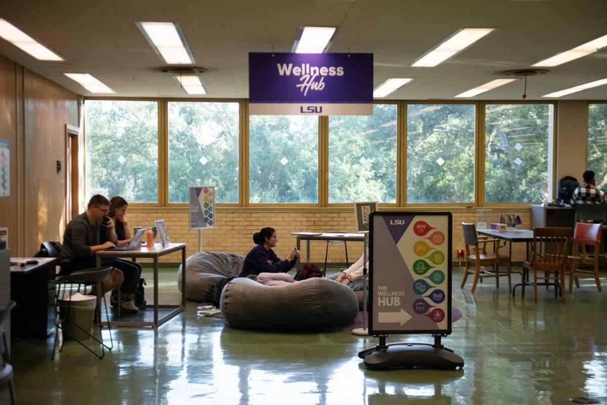 Students sit in the Wellness Hub in the LSU Library on Thursday, Oct. 19, 2023, on LSU&#8217;s campus in Baton Rouge, La.