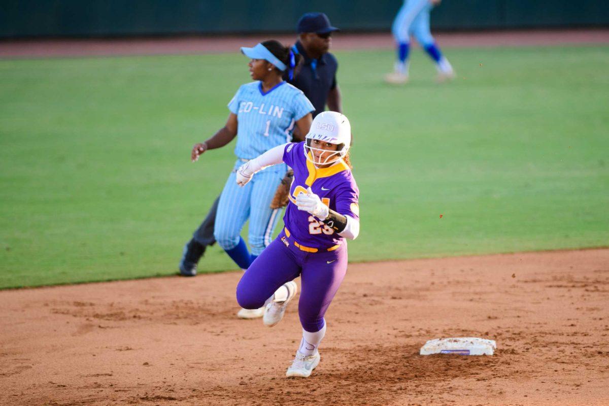 LSU softball freshman utility Sierra Daniel (23) sprints on Friday, Oct. 20, 2023, during LSU's exhibition game against Co-Lin CC in Tiger Park in Baton Rouge, La.