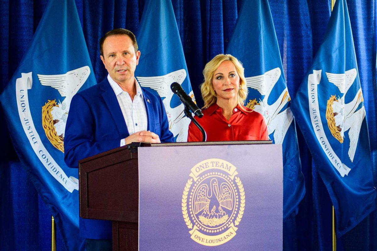 Louisiana Gov.-elect Jeff Landry answers questions on Wednesday, Oct. 25, 2023, during a press conference in Lafayette, La.