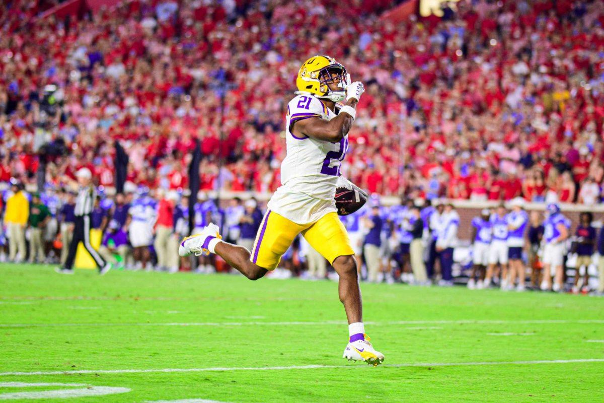 LSU football freshman safety Ryan Yaites (21) celebrates a blocked pass on Saturday, Sept. 30, 2023, during LSU's 55-49 loss against Ole Miss in Vaught-Hemingway Stadium in Oxford, Miss.