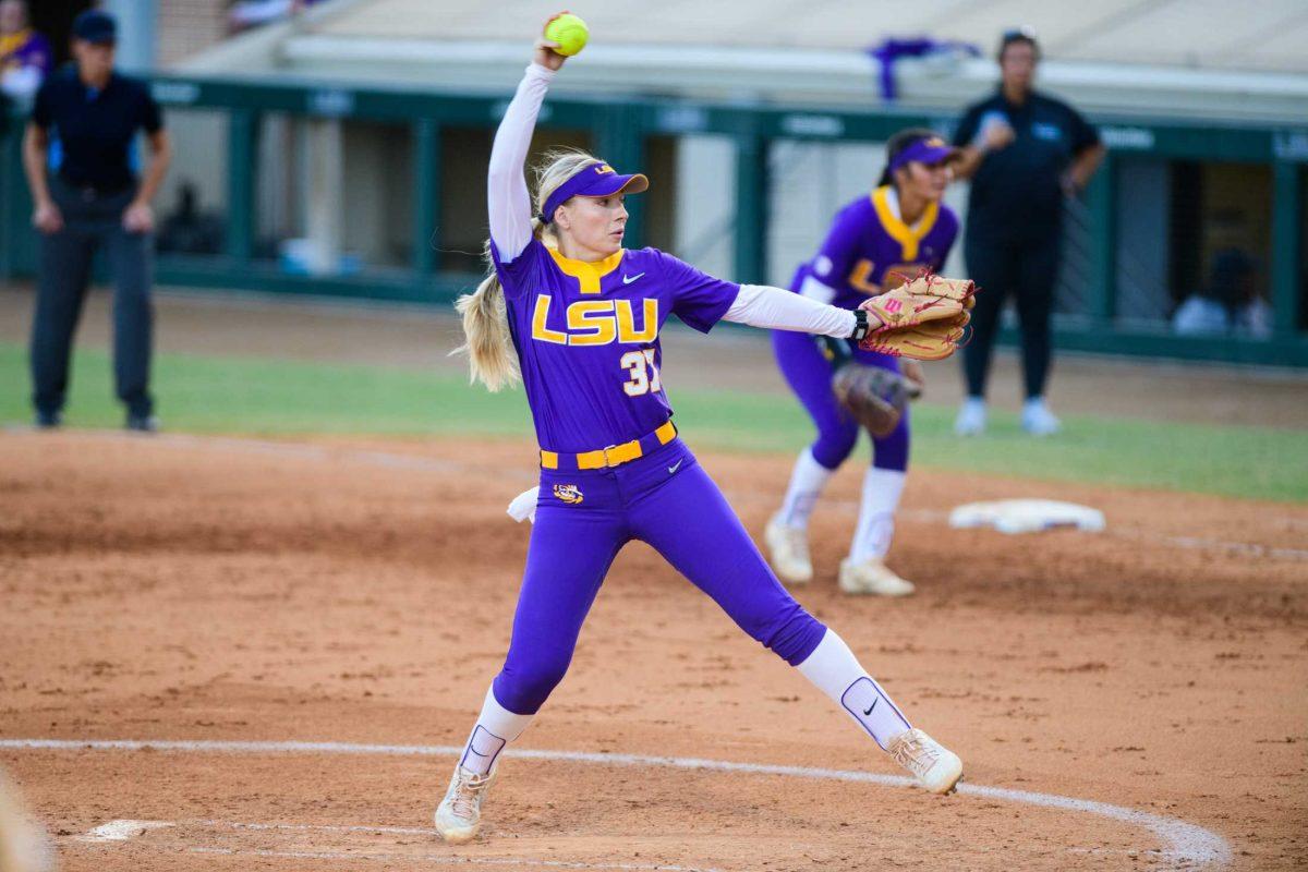 <p>LSU softball graduate student pitcher/utility Kelley Lynch (37) pitches the ball on Friday, Oct. 20, 2023, during LSU's exhibition game against Co-Lin CC in Tiger Park in Baton Rouge, La.</p>