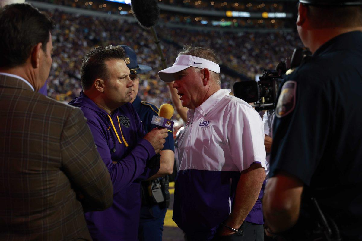 LSU football head coach Brian Kelly speaks to the media Saturday, Oct. 14, 2023,&#160;during LSU&#8217;s 48-18 win against Auburn in Tiger Stadium, in Baton Rouge, La.&#160;