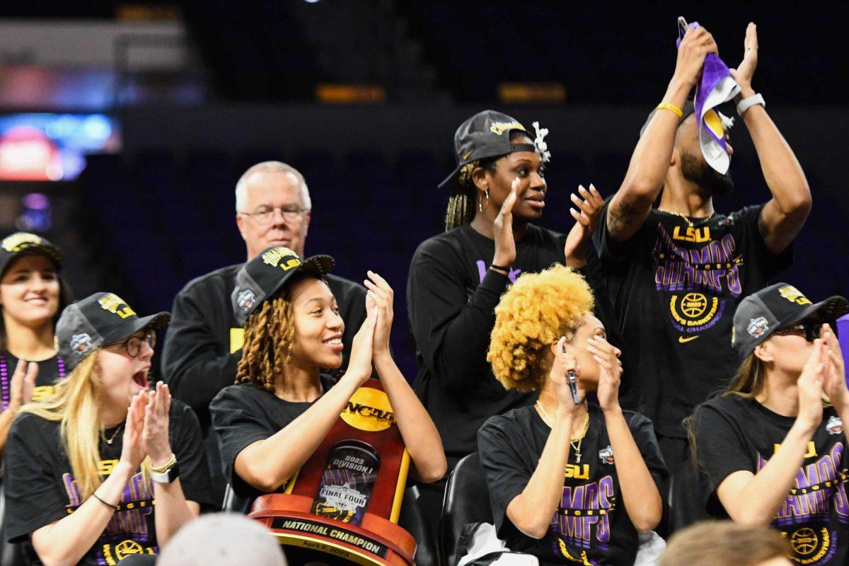 The LSU women&#8217;s basketball team celebrates their National Championship on Monday, April 3, 2023, at the Pete Maravich Assembly Center in Baton Rouge, La.