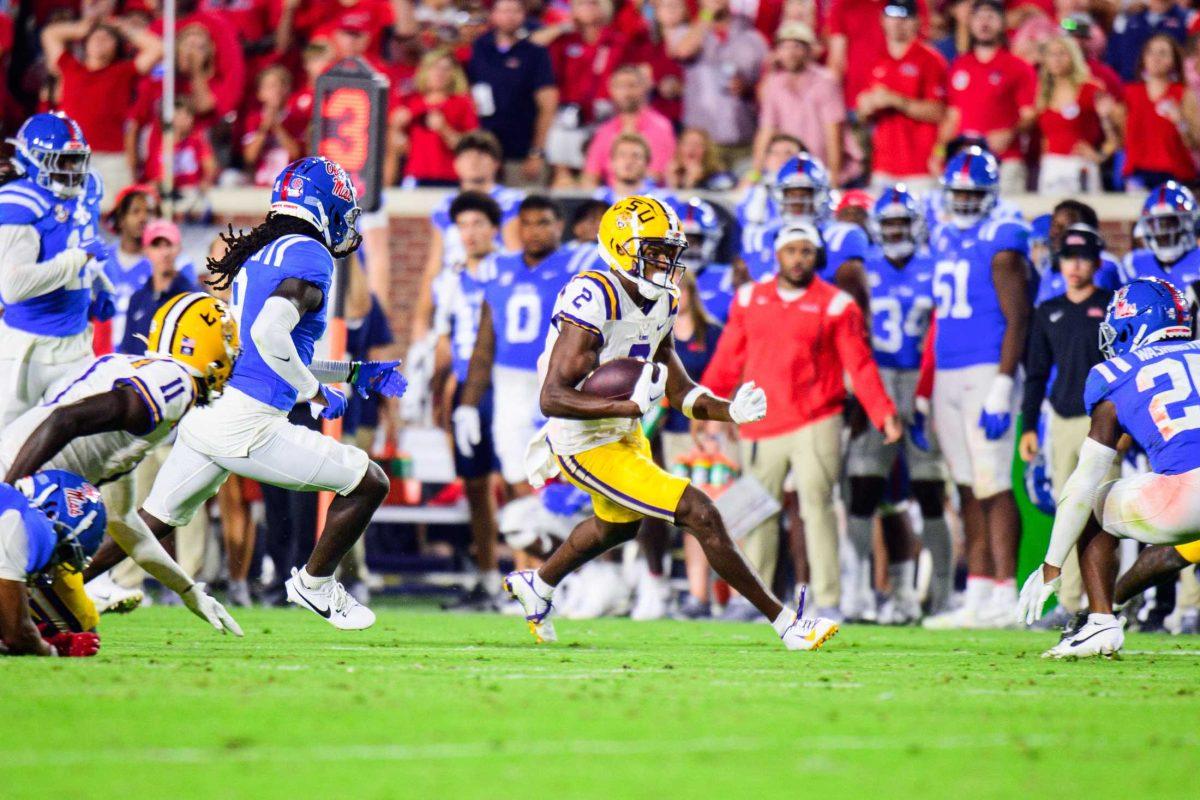 LSU football senior wide receiver Kyren Lacy (2) runs downfield on Saturday, Sept. 30, 2023, during LSU's 55-49 loss against Ole Miss in Vaught-Hemingway Stadium in Oxford, Miss.