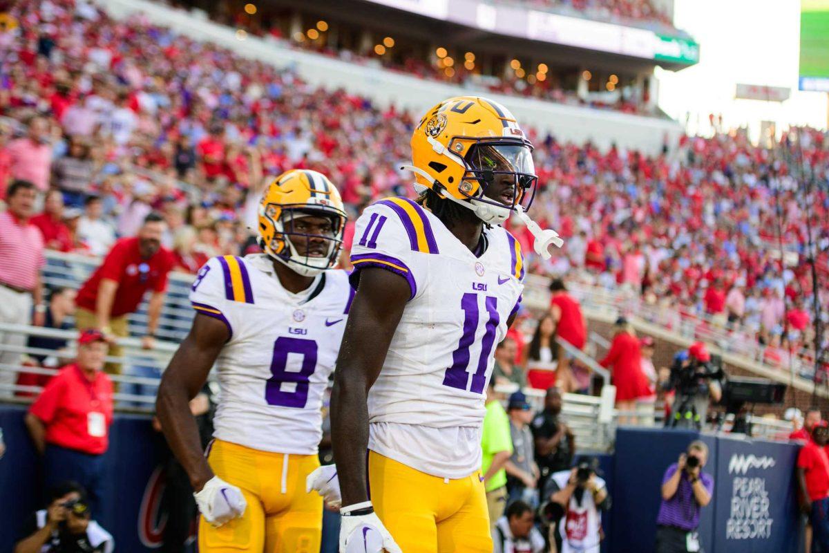 LSU football junior wide receiver Brian Thomas Jr. (11) looks out after a touchdown on Saturday, Sept. 30, 2023, during LSU's 55-49 loss against Ole Miss in Vaught-Hemingway Stadium in Oxford, Miss.