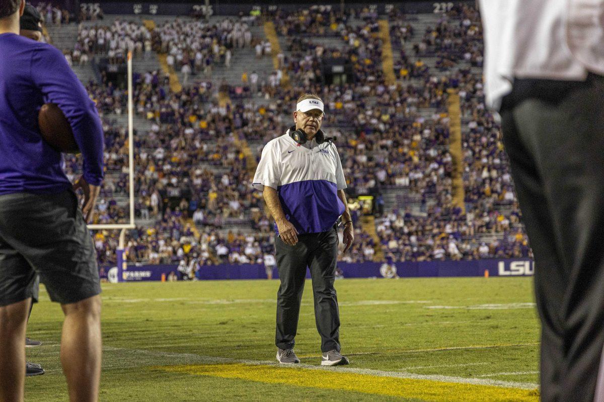 LSU football head coach Brian Kelly looks toward the sideline on Saturday, Oct. 14, 2023, during LSU&#8217;s 48-18 win against Auburn in Tiger Stadium in Baton Rouge, La.