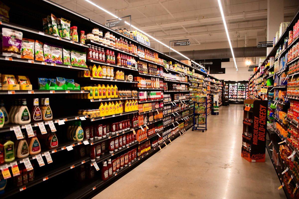 The aisle is filled with condiments on Tuesday, Oct. 10, 2023, in Matherne's Market in Baton Rouge, La.