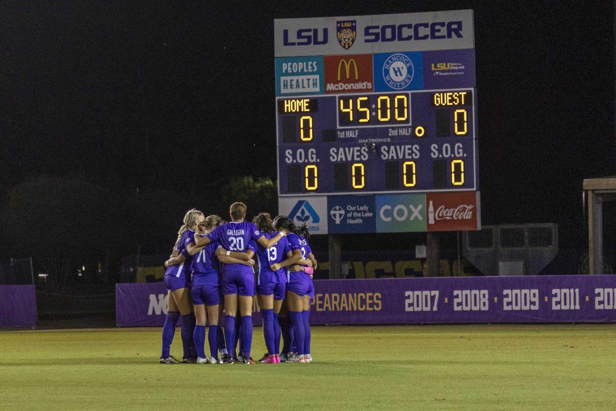 <p>The LSU soccer team huddles up Thursday, Oct. 26, 2023, prior to LSU's 0-0 draw to Texas A&M at the LSU Soccer Stadium.</p>