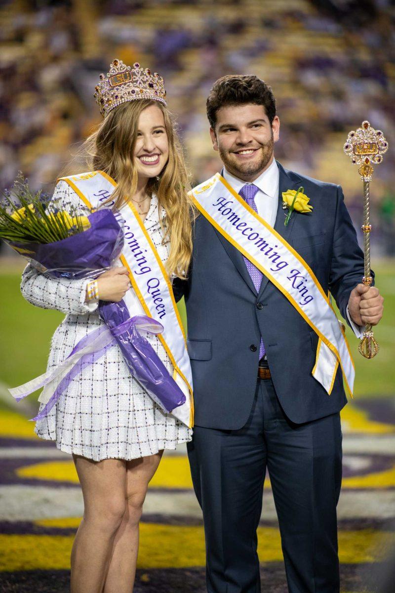 LSU's Homecoming King and Queen Brooks Belanger and Juliette Leray pose for a picture on Saturday, Oct. 21, 2023, during LSU's game against Army in Tiger Stadium in Baton Rouge, La.