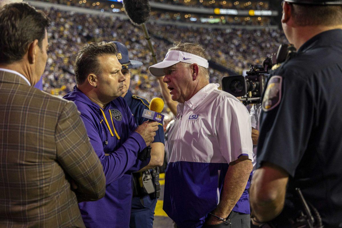 LSU football head coach Brian Kelly speaks to the media during halftime Saturday, Oct. 14, 2023, during LSU&#8217;s 48-18 win against Auburn in Tiger Stadium in Baton Rouge, La.