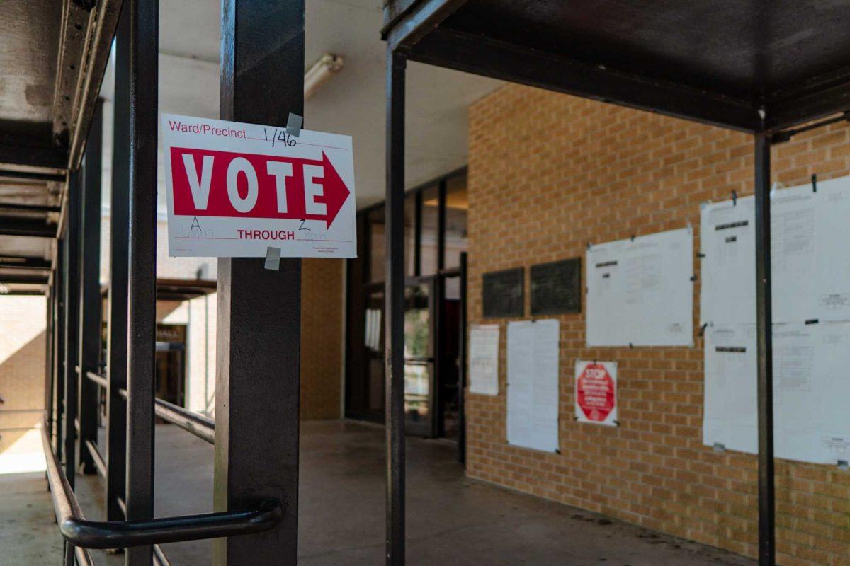 A sign indicates the wards and precincts eligible to vote on Tuesday, Nov. 8, 2022, at the LSU Laboratory School on East Campus Drive in Baton Rouge, La.