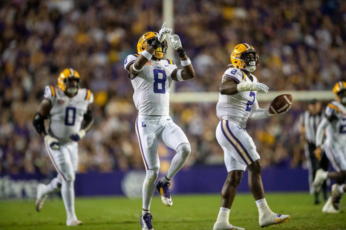 LSU football senior safety Major Burns (8) celebrates on Saturday, Oct. 21, 2023, during LSU's 62-0 win against Army at Tiger Stadium in Baton Rouge, La.