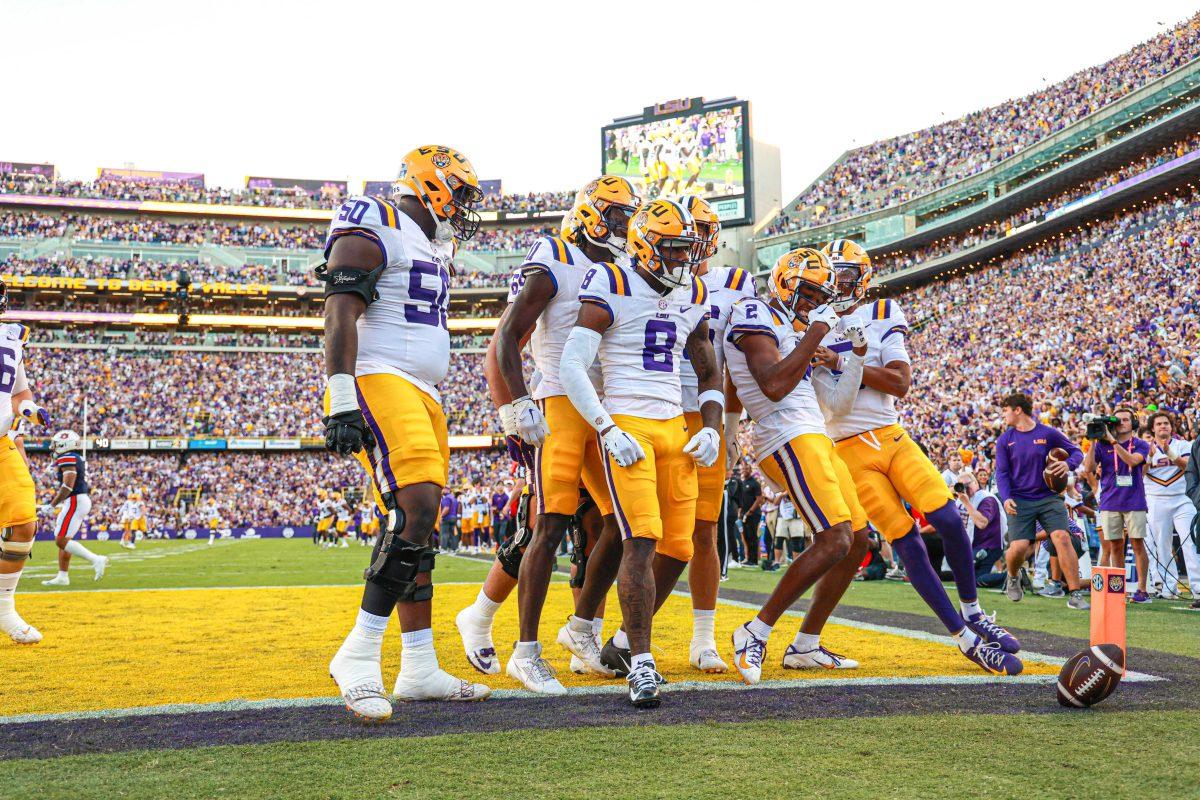 LSU football junior wide receiver Malik Nabers (8) celebrates a touchdown with his teammates Saturday, Oct. 14, 2023, during LSU&#8217;s 48-18 win against Auburn in Tiger Stadium, in Baton Rouge, La.&#160;