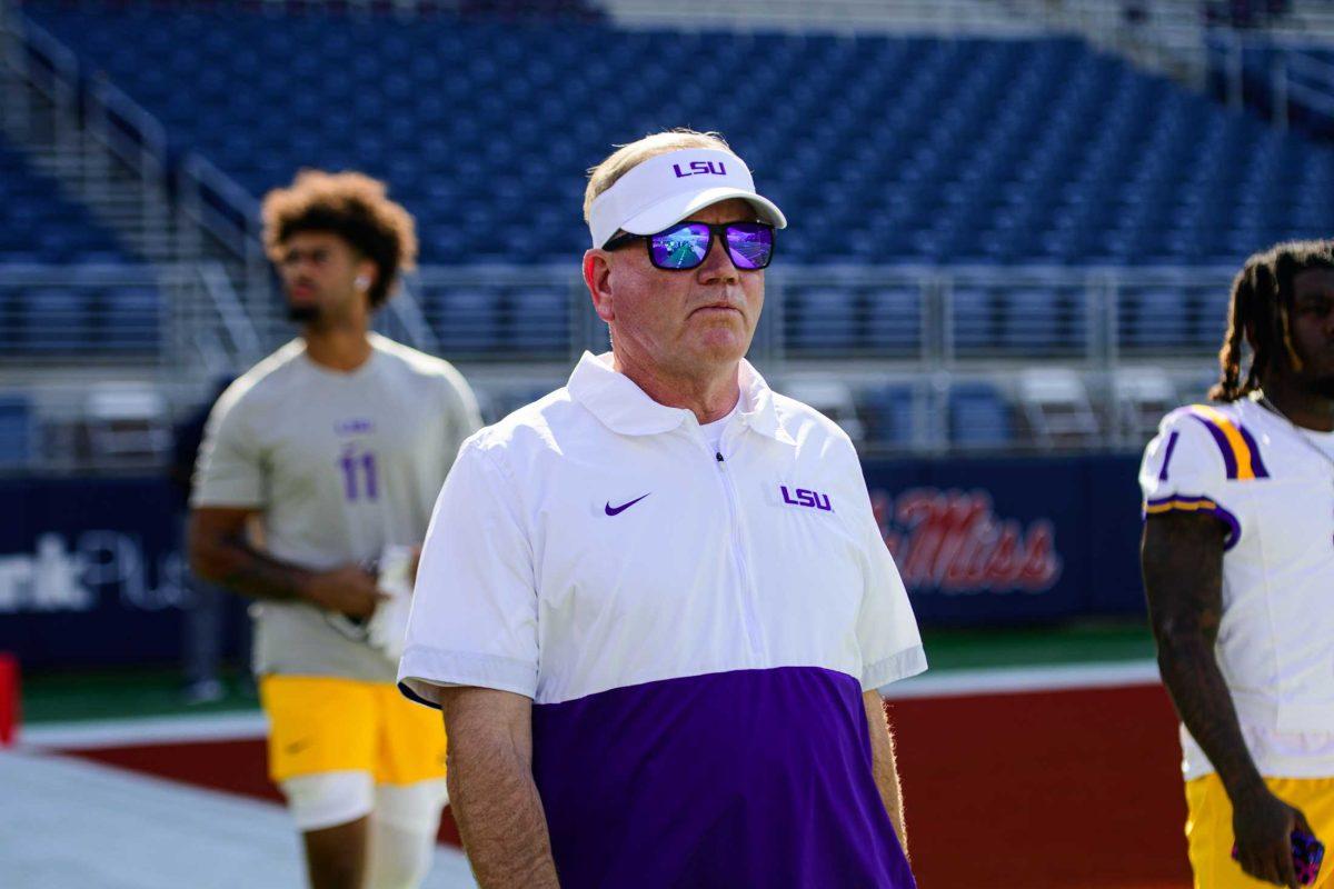 LSU football head coach Brian Kelly walks onto the field on Saturday, Sept. 30, 2023, before LSU's 55-49 loss against Ole Miss in Vaught-Hemingway Stadium in Oxford, Miss.