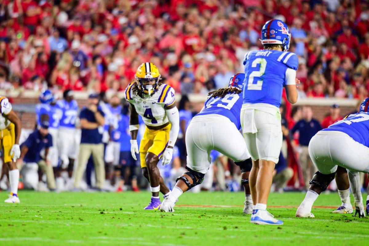 LSU football sophomore linebacker Harold Perkins Jr. (4) eyes down his opponent on Saturday, Sept. 30, 2023, during LSU's 55-49 loss against Ole Miss in Vaught-Hemingway Stadium in Oxford, Miss.