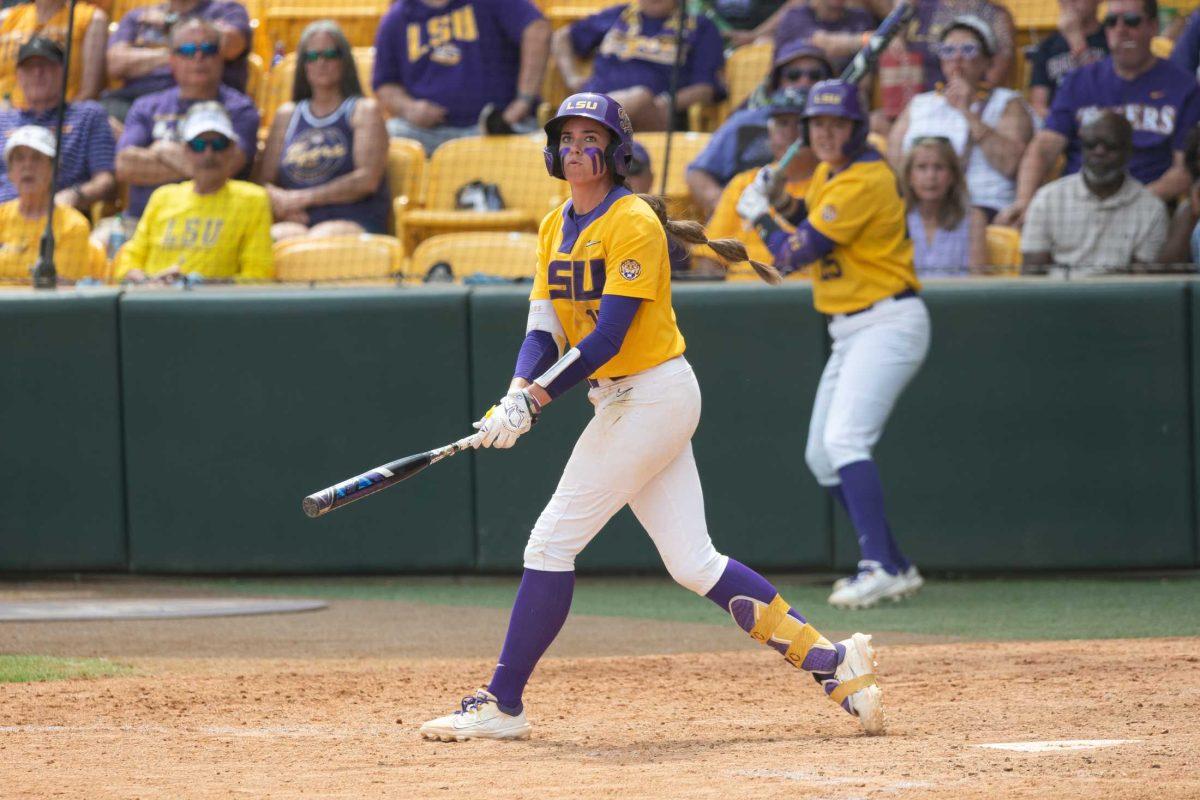 LSU softball junior infielder Taylor Pleasants (17) looks up at a foul ball Sunday, May 21, 2023, during LSU&#8217;s 7-4 loss against ULL in Game 6 of the NCAA Softball Regionals Championship at Tiger Park in Baton Rouge, La.