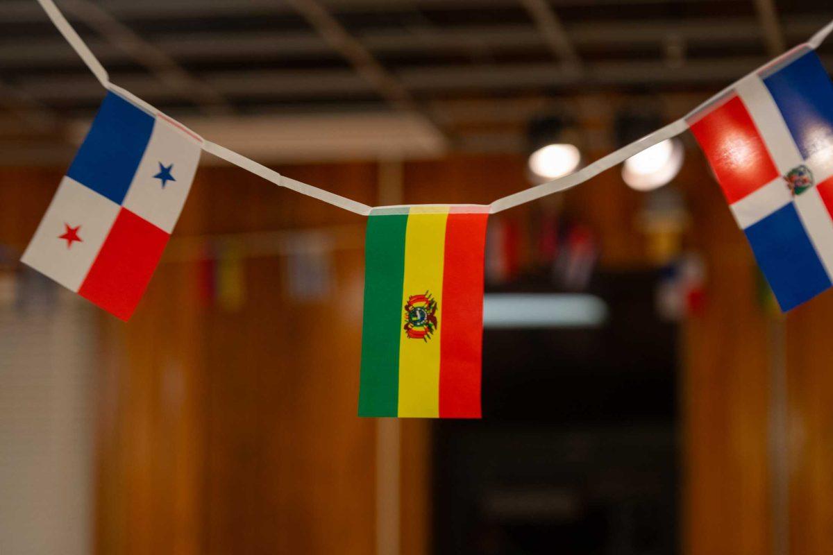 Hispanic flags hang from the ceiling on Thursday, Oct. 12, 2023, in Broussard Hall in Baton Rouge, La.