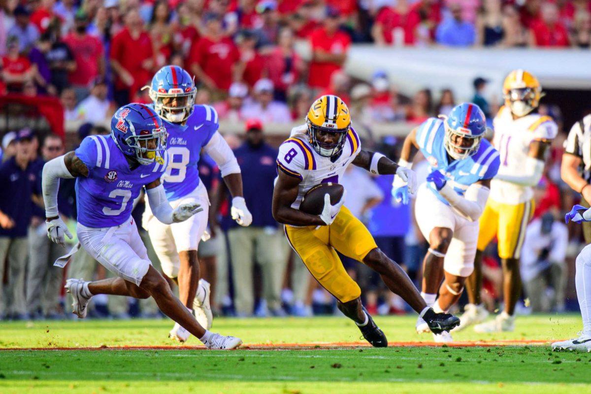 LSU football junior wide receiver Malik Nabers (8) darts down the field on Saturday, Sept. 30, 2023, during LSU's 55-49 loss against Ole Miss in Vaught-Hemingway Stadium in Oxford, Miss.