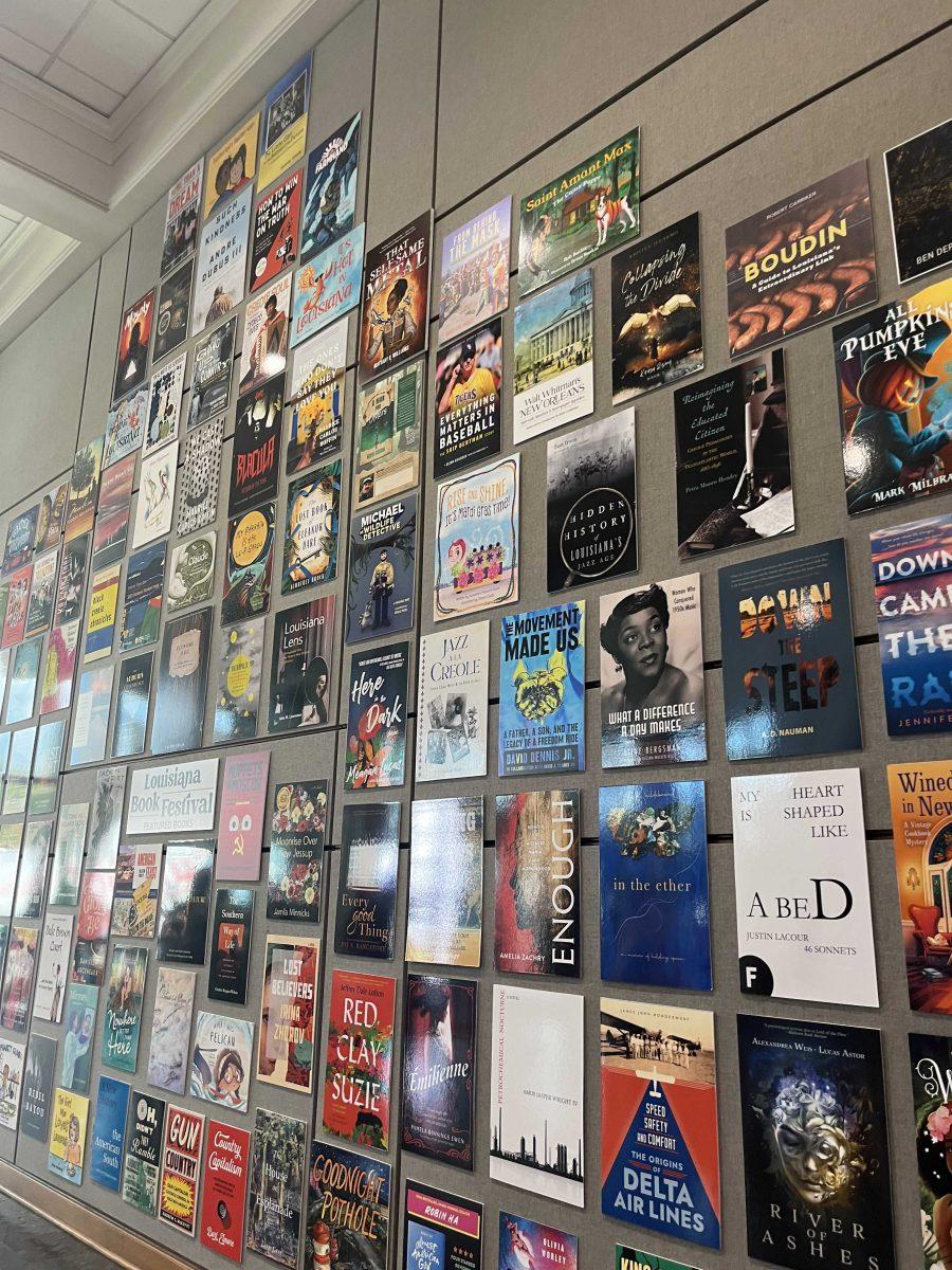 Author&#8217;s books on the wall in the state library during the Louisiana Book Festival