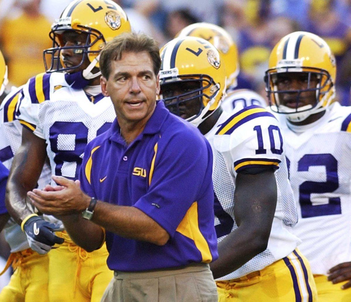 &#160;In this Sept. 11, 2004, file photo, then-LSU coach Nick Saban encourages his players before an NCAA college football game against Arkansas State in Baton Rouge, La. Saban, now the coach at Alabama, returns to Baton Rouge with his current team to face LSU on Saturday, Nov. 8, 2008. (AP Photo/Patrick Dennis, File)