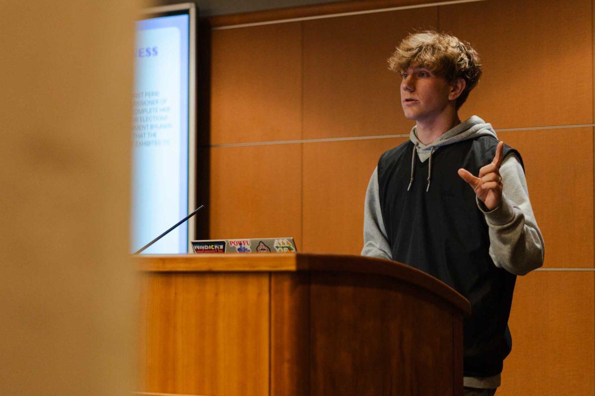 LSU student senator Ethan Elmer makes a case for impeachment Wednesday, Nov. 15, 2023, during a Student Government meeting in the Capital Chamber in the Student Union.