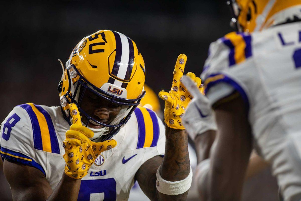 LSU football junior wide receiver Malik Nabers (8) celebrates touchdown on Saturday, Nov. 5, 2023, during LSU's 42-28 loss against Bama in Bryant-Denny stadium in Tuscaloosa, Al.